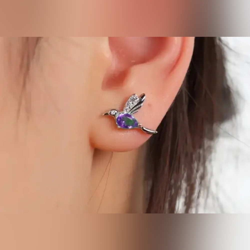 Purple Amethyst Hummingbird Earrings - Picture 3 of 3